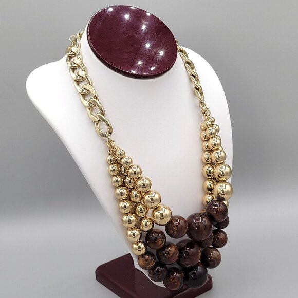 Erica Lyons Chunky Beaded Statement Necklace Gold Brown Beads Triple Strand - Picture 6 of 9